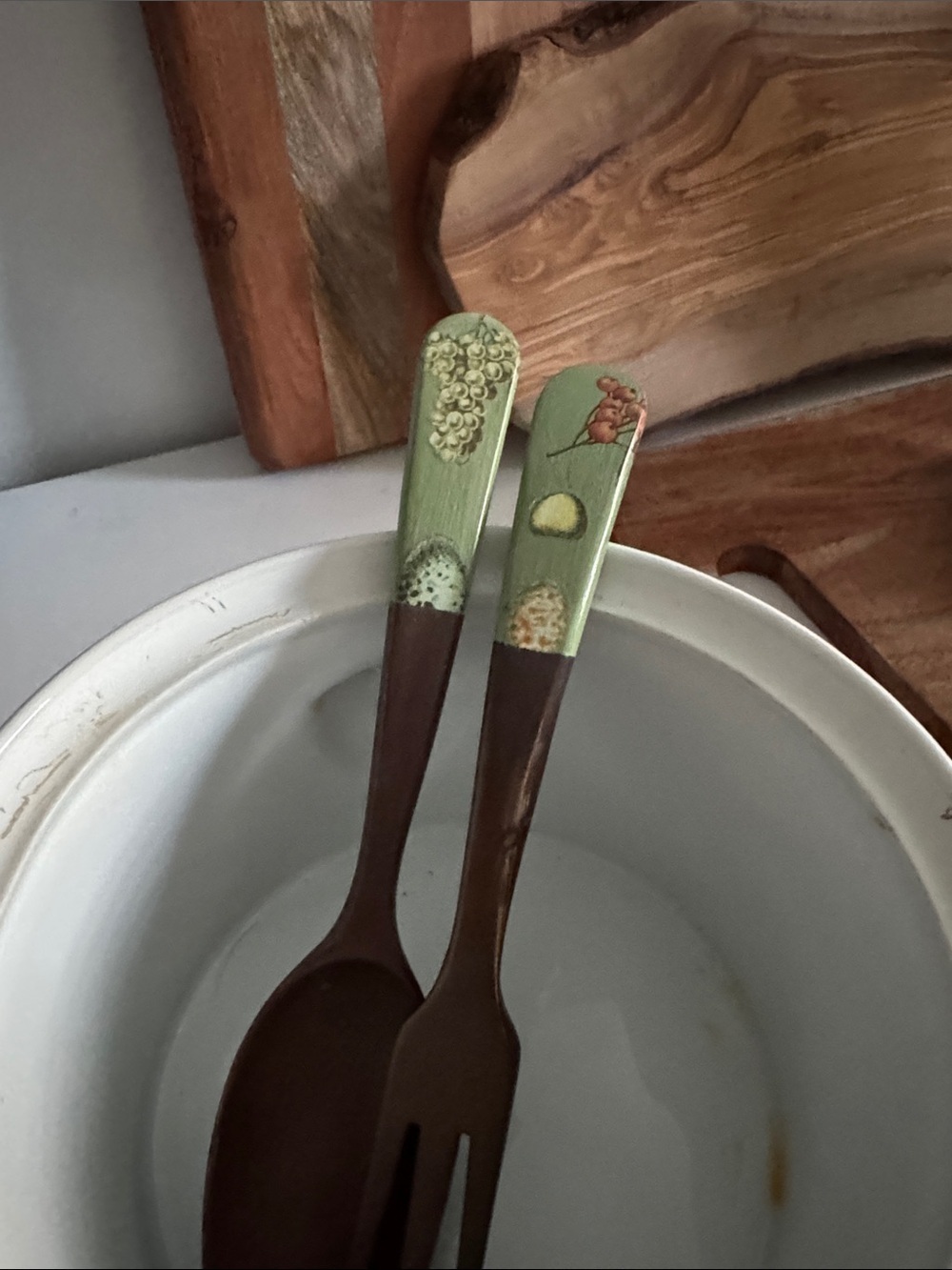 Vintage Green and Brown Wooden Salad Serving Utensil Set
